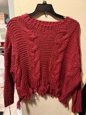 She + Sky Red Cable Knit Fringe Crewneck Sweater